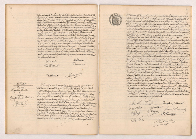 Acte de mariage de SALLARD Mary Auguste et LAURENT Marie Joséphine (27 Juillet 1907), DUVAL Magloire Emile et CORBIN Marthe Louise Pauline (27 Juillet 1907).