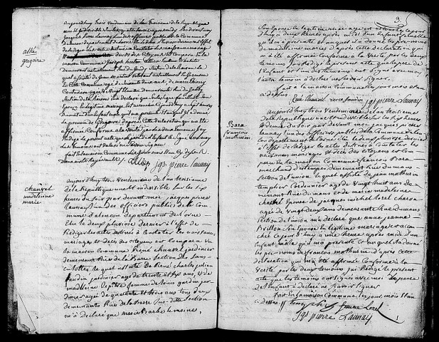 Acte de naissance de ALLIE Grégoire (24 septembre 1794),acte de naissance de CHAUVEL Madeleine Marie (24 septembre 1794),acte de naissance de BARA François Mathurin (25 septembre 1794).