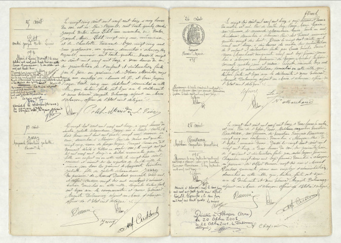Acte de naissance de PETIT André Joseph Victor Louis (25 août 1913),reconnaissance de JARRY Marguerite Léontine Juliette (27 août 1913),acte de naissance de LEPIN Renée Marie (26 août 1913),acte de naissance de ROUSSEAU Madeleine Augustine Ernestine (28 août 1913).