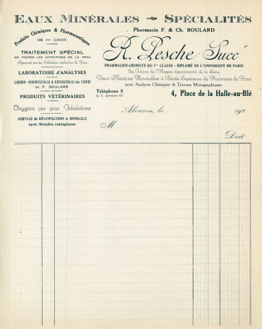 Papier à en-tête pour facture "Eaux minérales - spécialités" Pharmacie Félix et Charles Boulard, R. Pesche Successeur, pharmacien-chimiste de 1ère classe, diplômé de l'université de Paris, 4 place de la Halle-au-Blé