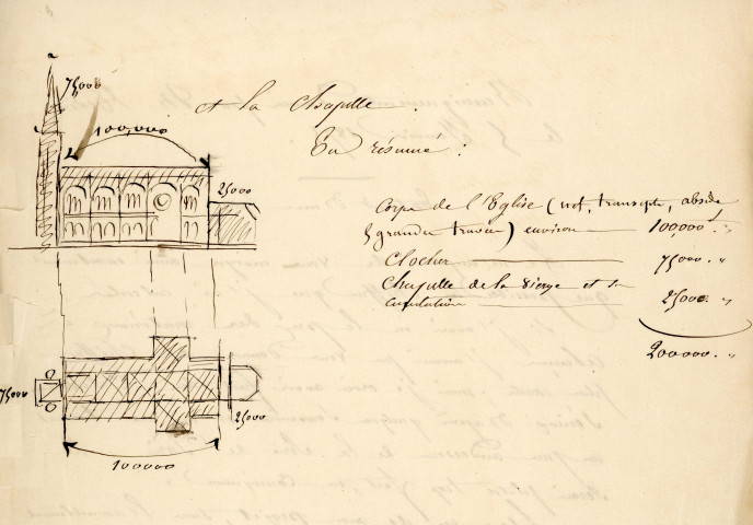 Église Saint Pierre de Montsort, plan de situation, plan, Hédin (éch: 1/100, 82 x 116 cm, 01/12/1875).