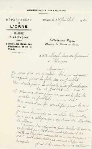 Banquet à l'occasion de la Fête nationale 14 juillet 1930 : affiche Imprimerie Georges Supôt (60 x 29).