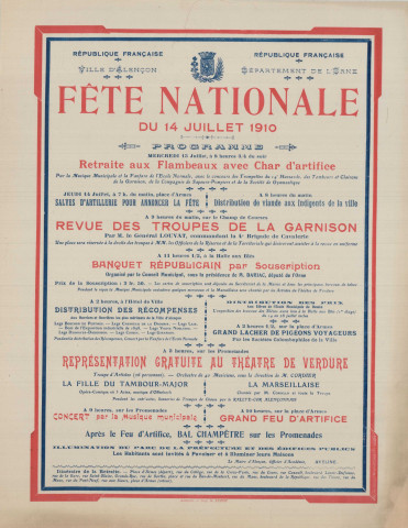 Fête nationale 14 juillet 1910 : affiche Imprimerie Lecocq et Mathorel, (93 x 130).