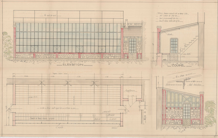 Parc des Promenades, construction d'une serre, élévation, coupe, détail d'exécution, plan papier aquarelle traditionnel (ech : 1/200) (98.5 x 62.5).