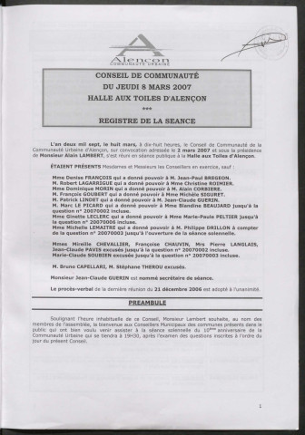 Registre des décisions et des délibérations du conseil communautaire (8 Mars - 20 Décembre 2007).
