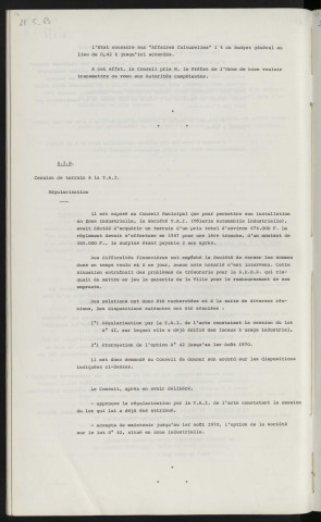 Comité de Liaison et d'organisation pour le 1% aux affaires culturelles, vœu en faveur de l'action du comité. Z.I.N., cession de terrain à la T.A.I., régularisation.