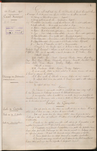 Registre des délibérations du conseil municipal (22 décembre 1906 - 08 décembre 1909)