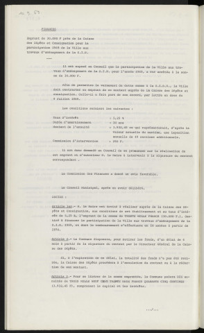 Finances, emprunt de 30 000 F auprès de la caisse des dépôts et consignation pour la participation 1969 de la ville aux travaux d'aménagement de la Z.I.N.