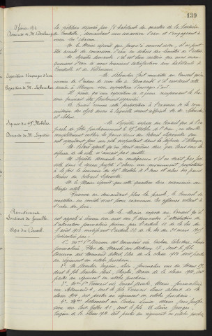 Eaux, Faubourg Courteille, concession d'eau, square du 49? Mobiles : demande de M. LEPRETRE et de M. DESCHAMPS. Exposition d'ouvrages d'art : Proposition de M. LEBOUCHER. Recrutement, soutiens de famille : Avis du Conseil.