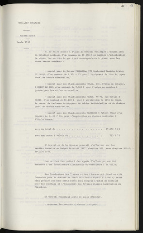 Mobilier scolaire, marché avec la maison Prénatal 175 boulevard Anatole France Saint Denis, établissement Mulca, 101 avenue de Bobigny Noisy le Sec, établissement Matco 74-76 rue Orfila Paris, établissement Pantasia Arbent, acquisition pour 1967.