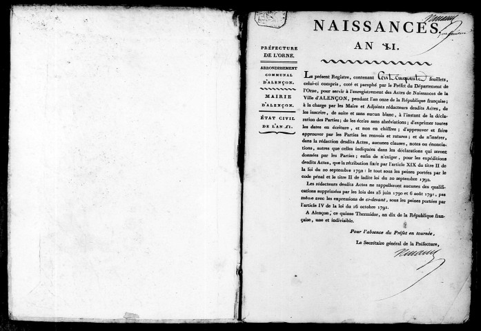Registre des actes de naissance et adoption (25 septembre 1803-22 septembre 1804).