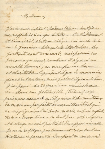 Correspondance de M. de Brébisson à Mme Descoutures, concernant l'œuvre de Louise Vallory « Madame Hilaire »