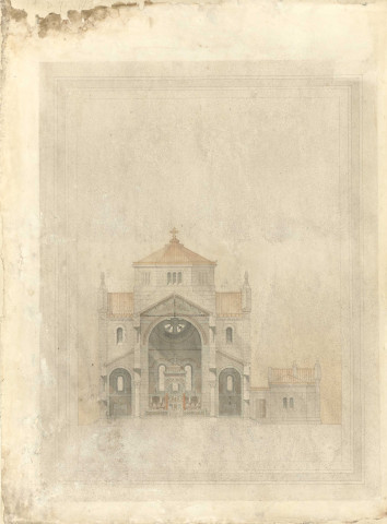 Église Saint Pierre de Montsort, coupe façade postérieure, plan, Ewald Bréasson (éch: 1/100, 51 x 68 cm, 01/12/1875).