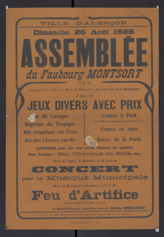 Assemblée du Faubourg de Montsort (dimanche 26 août 1928) : affiche Imprimerie E. de Broise (84cm x 61.5cm).