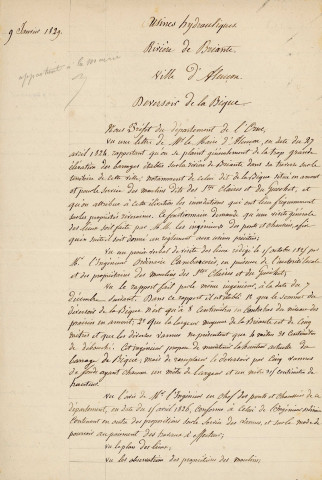 Rivière la Briante, aménagement du barrage de la Bique (8 janvier 1829) : arrêté préfectoral ; établissement d'un barrage dans le lit de la Briante (rue des Fossés de la Barre) (8 mai 1838-12 janvier 1839) : correspondance.