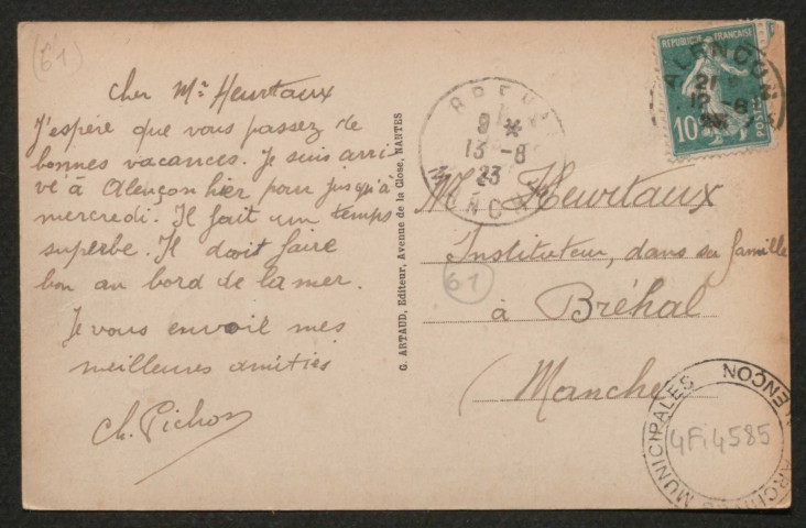 Alençon (Orne), Gare de tramways et le Boulevard de la République, carte postale ancienne noir et blanc n°8, G. Artaud éditeur, Nantes, (date d'utilisation : 13 août 1923), (14x9), AMA.