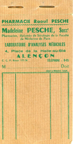 Carnets facture à souche type pour le laboratoire d'analyses médicales de Madeleine Pesche.