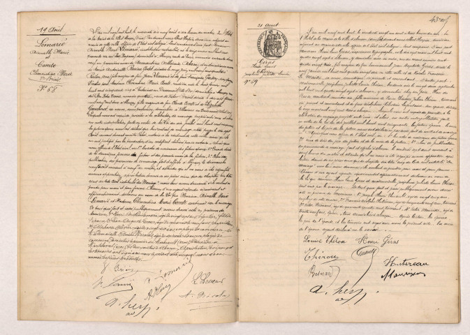Acte de mariage de LEMARIÉ Aimable Marie et COMTE Clémentine Marie veuve BRIOIS (19 août 1908), GÉRAT Henri Louis et THÉROU Joséphine Juliette Louise (21 Août 1908).