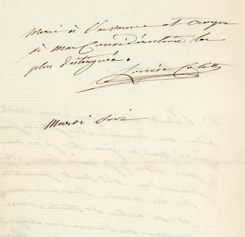 Lettre autographe signée de la femme de lettres Louise Colet sur ses œuvres dramatiques au comédien Louis Fortuné Adolphe Laferrière [1873].