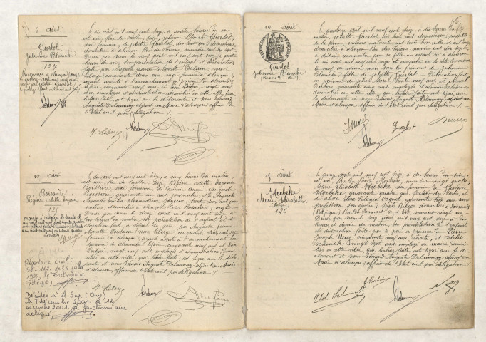 Acte de naissance de GUERLOT Julienne Blanche (6 août 1916), Acte de naissance de BOISSIÈRE Régine Odette (10 août 1916), Acte de Reconnaissance de GUERLOT Julienne Blanche (14 août 1916), Acte de naissance de HOEBEKE Marie Elisabeth (15 août 1916).