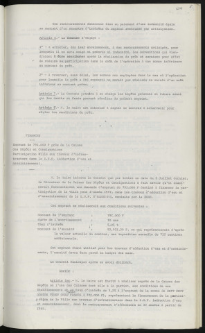 Finances, emprunt de 144 000 F prés de la caisse des dépôts et consignations, participation de la ville pour l'aménagement de la route de Mamers R.N. 155. Finances, Emprunt de 791 000 F auprès de la caisse des dépôts et consignations, participation ville aux travaux d'infrastructure dans la Z.U.P., adduction d'eau et assainissement.