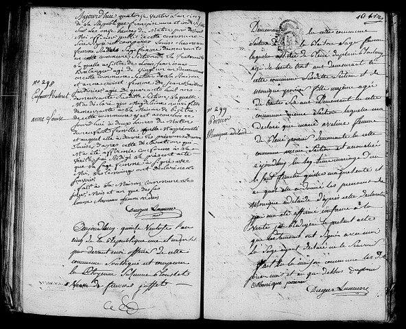 Acte de naissance de NOURY Anne Louise enfant naturel (4 mars 1797),acte de naissance de POIRIER Monique Adélaïde (5 mars 1797).