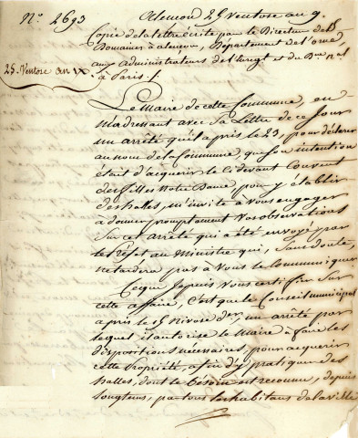 Acquisition du couvent des Fille Notre-Dame d'Alençon : extrait du registre des contrats de vente passés devant le préfet du département de l'Orne, décret, correspondance,