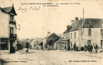 Saint-Denis-sur-Sarthon (Orne), Le carrefour, La Poste, La Perception, carte postale ancienne noir et blanc, photo, Crolard, Alençon, édition Goupille St-Denis-sur-Sarthon, sd, (14x9), AMA.