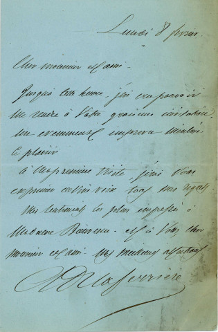 Lettre autographe de Louis Adolphe Delaferrière dit Laferrière adressée à Léon Bienvenu, directeur du "Tintamar", s'excusant de ne pouvoir se rendre à une invitation.