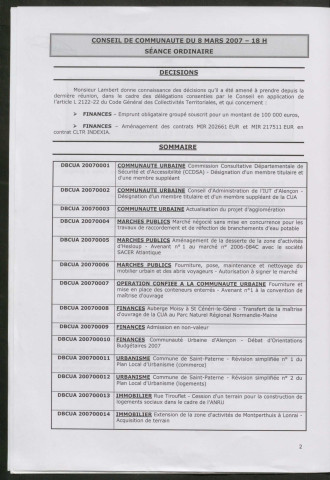 Registre des décisions et des délibérations du conseil communautaire (8 Mars - 20 Décembre 2007).