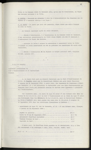 Finances, commune libre de Monsort, participation de la ville aux travaux d'aménagement du Foyer des Anciens. C.E.S. St Exupéry, logements provisoires du chef d'établissement et du surveillant général.