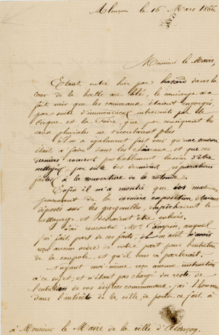 Entretien de la halle au blé, engorgement suite aux immondices introduites par le cirque et par la foire : correspondance de l'architecte Charles Arnoul (16 mars 1866).