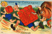 Alençon (Orne), "Vive la campagne! Dans le sac il y a Alençon ! ", carte postale humoristique à système n°132, Artaud père et fils, éditeur, Nantes, éditions Gaby,(Date d'utilisation : 02 septembre 1955), (14x9),AMA.