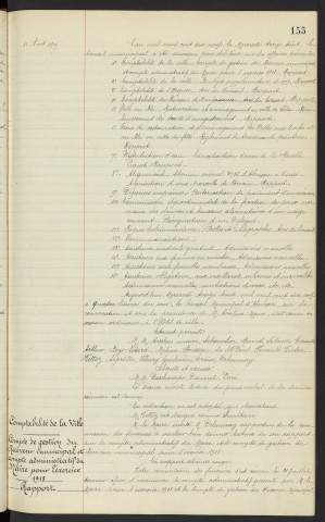 Sommaire sur les affaires à délibérer. Comptabilité de la ville, compte de gestion du receveur municipal et compte administratif du Maire pour l'exercice 1918, rapport