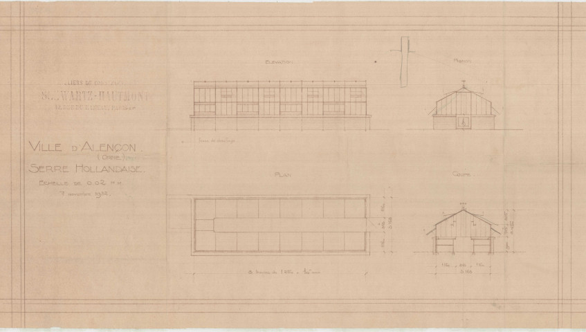 Parc des Promenades, construction d'une serre hollandaise, élévation, coupe, plan tirage papier (ech : 1/50) (68.5 x 38) (7 novembre 1932).