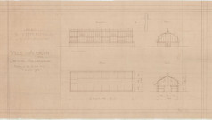 Parc des Promenades, construction d'une serre hollandaise, élévation, coupe, plan tirage papier (ech : 1/50) (68.5 x 38) (7 novembre 1932).