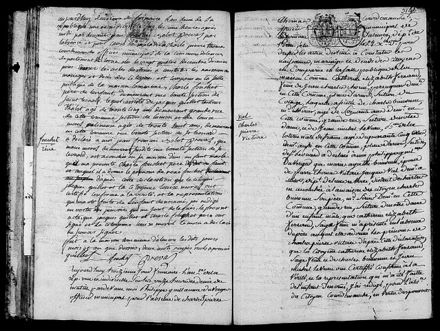 Acte de naissance de FOUCHET René (22 novembre 1793),acte de naissance de VIEL Charles Pierre Victoire (23 novembre 1793).