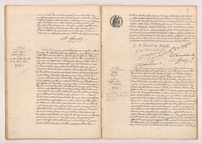 Transcription d'un jugement de divorce de MERCIER et MAUPOU (12 mai 1909), Acte de mariage de Comte de SPARRE Gustave Marie et DE FROMONT DE BOUAILLE Yvonne Louise Marie (15 mai 1909), Acte de mariage de VITTOZ Joseph veuf DERET et YZEUX Léontine Rose veuve CHEVALLIER (15 mai 1909).