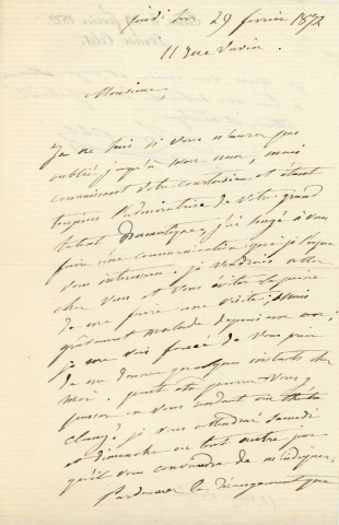 Lettre autographe signée de la femme de lettres Louise Colet au comédien Louis Fortuné Adolphe Laferrière 29 février 1872).