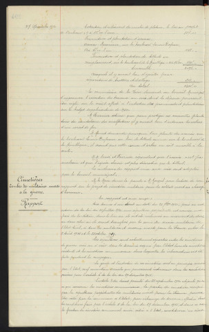 Plantations, boulevard de la République et boulevard Lenoir Dufresne, platanes remplacés par des tilleuls, rapport. Cimetières St Léonard, tombes des militaires morts à la guerre, rapport