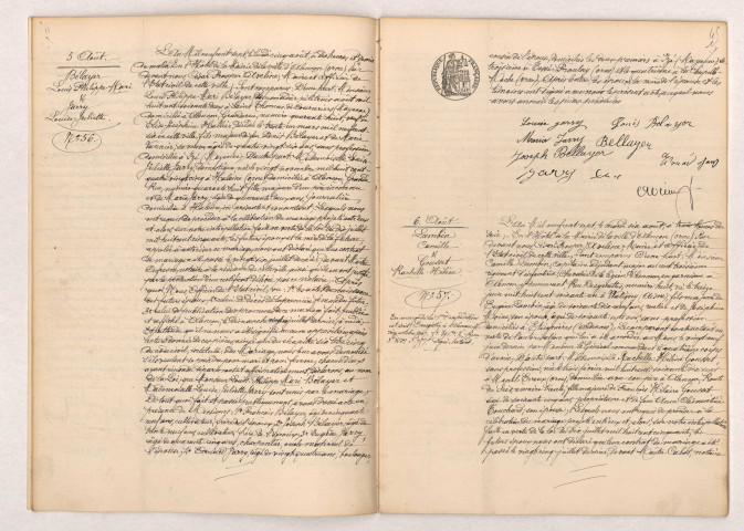 Acte de mariage de BÉLAYER Louis Philippe Mari et JARRY Louise Juliette (5 Août 1907), LAMBIN Camille et GOUSSET Rachelle Hélène (6 Août 1907).