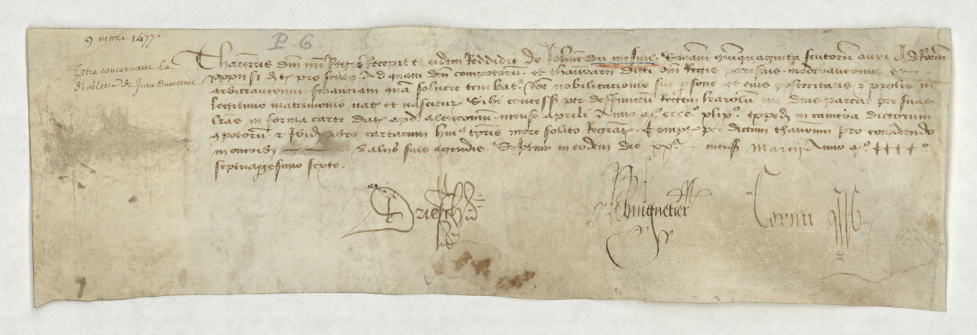 Reçu en date du 9 mars 1477 d'une somme de cinquante écus d'or, donné à Jean du Mesnil, en paiement des frais dus pour ses lettres d'anoblissement.