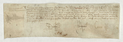 Reçu en date du 9 mars 1477 d'une somme de cinquante écus d'or, donné à Jean du Mesnil, en paiement des frais dus pour ses lettres d'anoblissement.