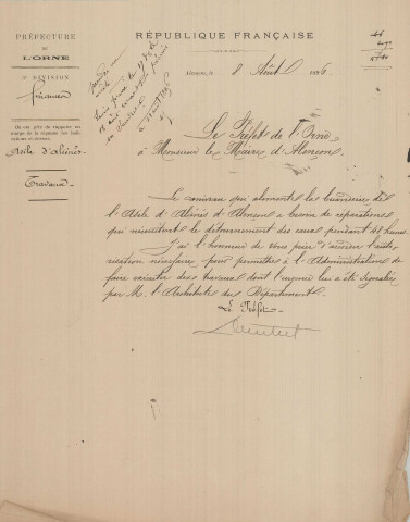 Rivière la Briante, régime des eaux de la fontaine et du lavoir Saint Isige (22 février - 28 octobre 1897), rappel des obligations au directeur de l'asile d'aliénés d'Alençon : correspondance, plan ; canalisation de la source après capatation (1896) : correspondance ; réparation des caniveaux qui alimentent les buanderies de l'asile d'aliénés, détournement des eaux (8-14 août 1896) : correspondance