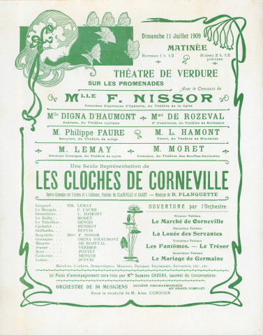 Manifestations culturelles au Théâtre de Verdure, représentations d'opéra-comique à l'occasion de l'inauguration de l'Hôtel des Postes : programmes (1909).