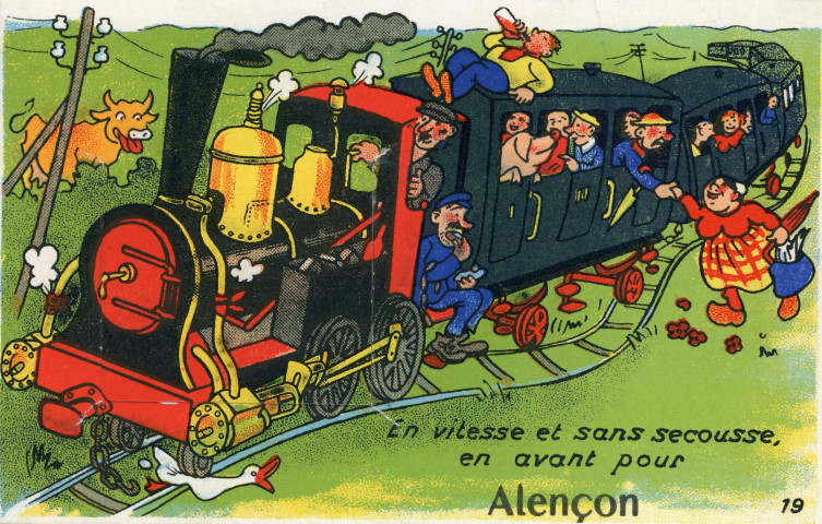 Alençon (Orne), "En vitesse et sans secousse, en avant pour Alençon", carte postale humoristique à système couleur n°19, Artaud père et fils, éditeur, Nantes, éditions Gaby, sd, (14x9), AMA.