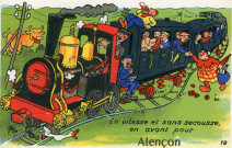 Alençon (Orne), "En vitesse et sans secousse, en avant pour Alençon", carte postale humoristique à système couleur n°19, Artaud père et fils, éditeur, Nantes, éditions Gaby, sd, (14x9), AMA.