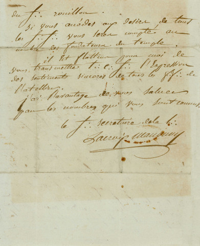 Franc-maçonnerie, reconstruction du temple d'Alençon : lettre manuscrite du secrétaire Lacroix Manoury (28 ventose 1803).