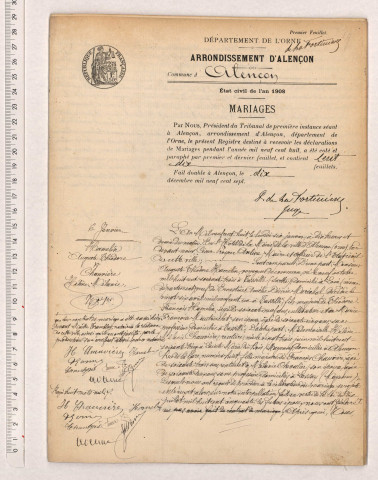 Acte de mariage de KERNEUR Joachim Marie et GAUDIN Marie Rosalie Constance Jeanne (18 Juin 1908), CHÉREAU Eugène Georges et PINOT Ernestine Augustine (23 Juin 1908).