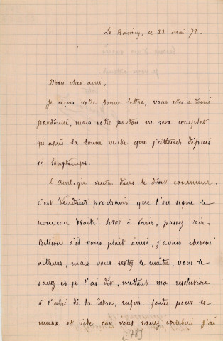 Lettre autographe signée de l'écrivain Alfred Edouard Touroude à l'acteur Adolphe Laferrière (22 mai 1872).